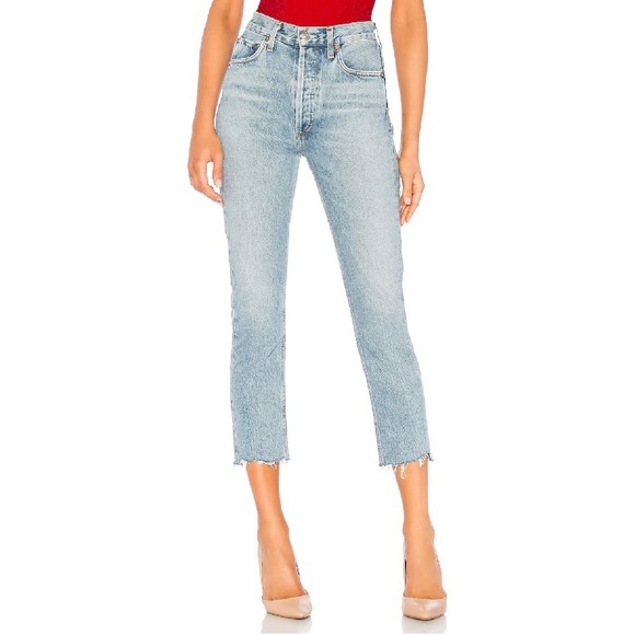 Agolde Riley High Rise Straight Crop Jeans Zephyr Wash Frayed Hem Size 25 - Picture 3 of 15